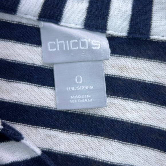 Chicos Womens Size 0 US 4 Small Polo Shirt Blue White Stripe Nautical 100% Linen - Picture 12 of 16